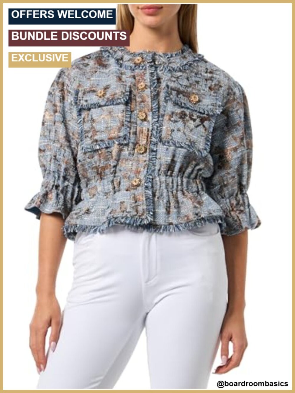 Collarless Short Sleeve Foil Print Tweed Cropped Jacket Button Front